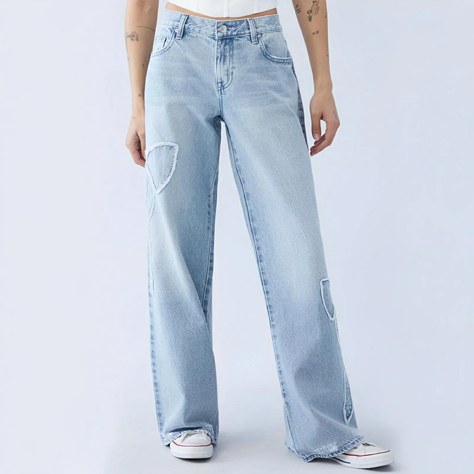 Straight Trousers – Embroidered Side Frayed Butterfly Street Jeans