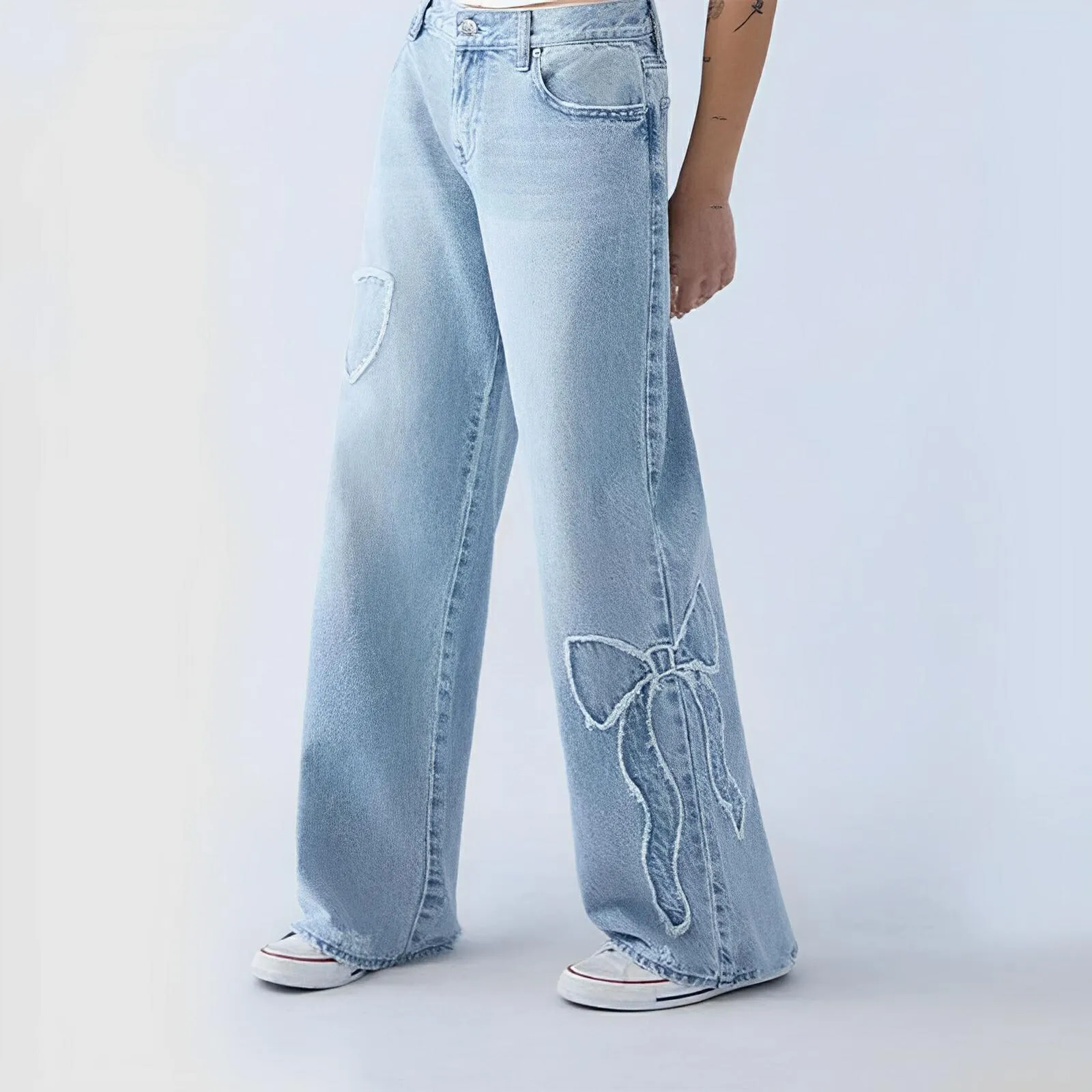 Straight Trousers – Embroidered Side Frayed Butterfly Street Jeans