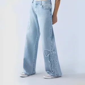 Straight Trousers – Embroidered Side Frayed Butterfly Street Jeans