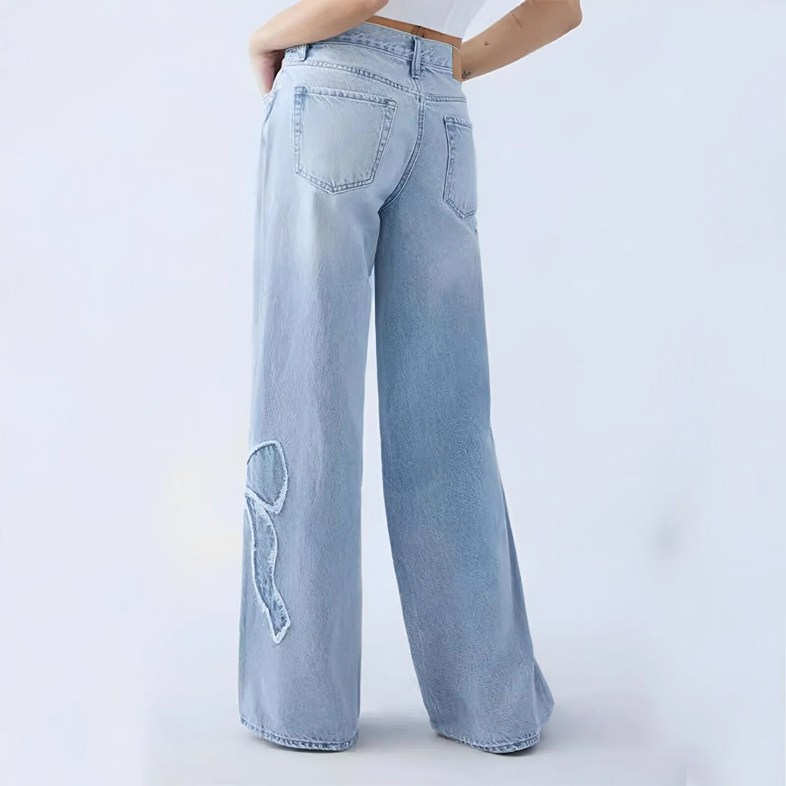 Straight Trousers – Embroidered Side Frayed Butterfly Street Jeans