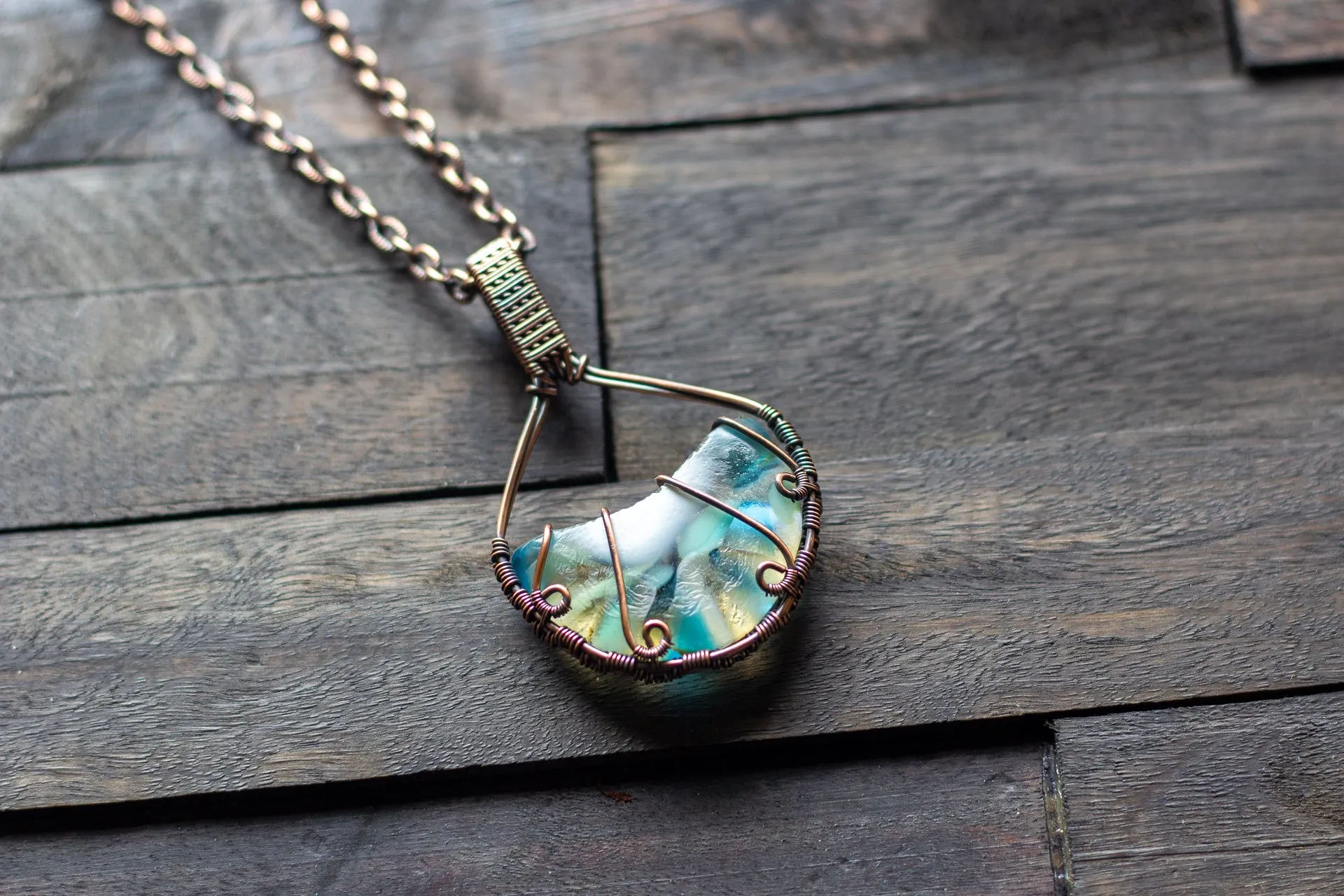 Streaked Blue and White Fused Glass and Copper Wire Pendant