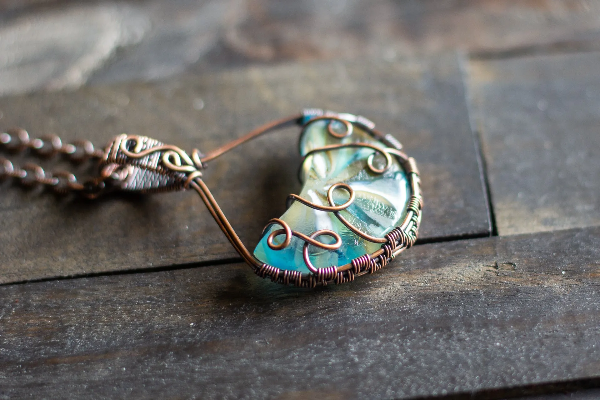 Streaked Blue and White Fused Glass and Copper Wire Pendant
