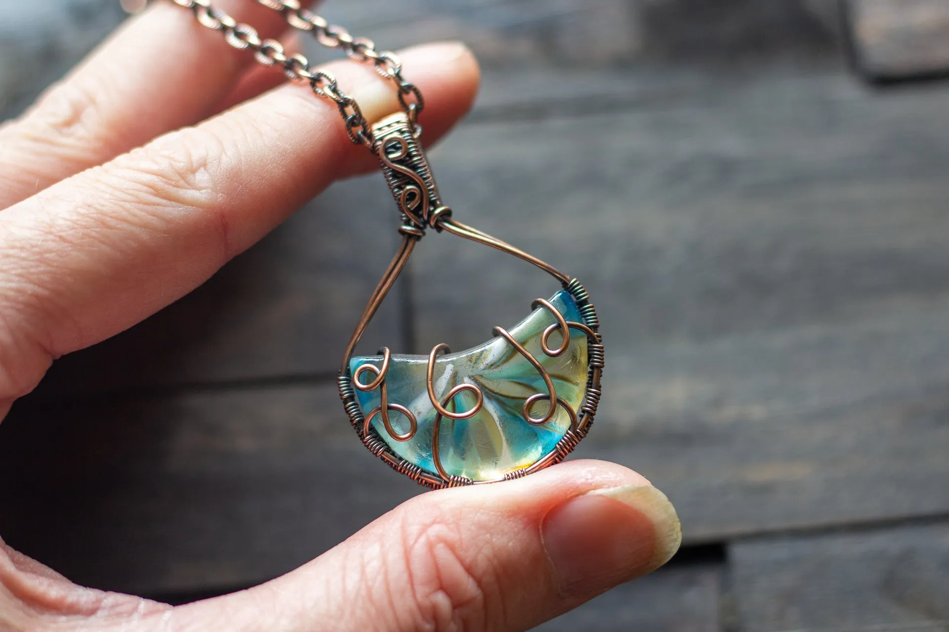 Streaked Blue and White Fused Glass and Copper Wire Pendant