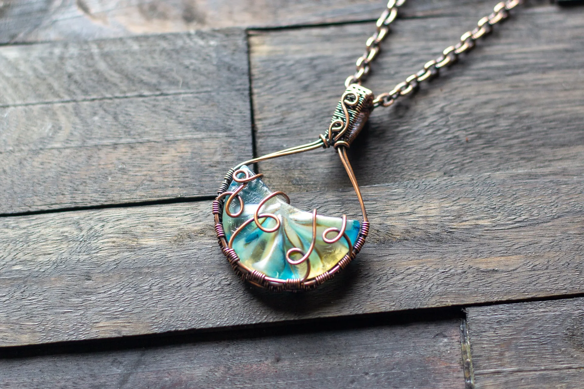 Streaked Blue and White Fused Glass and Copper Wire Pendant
