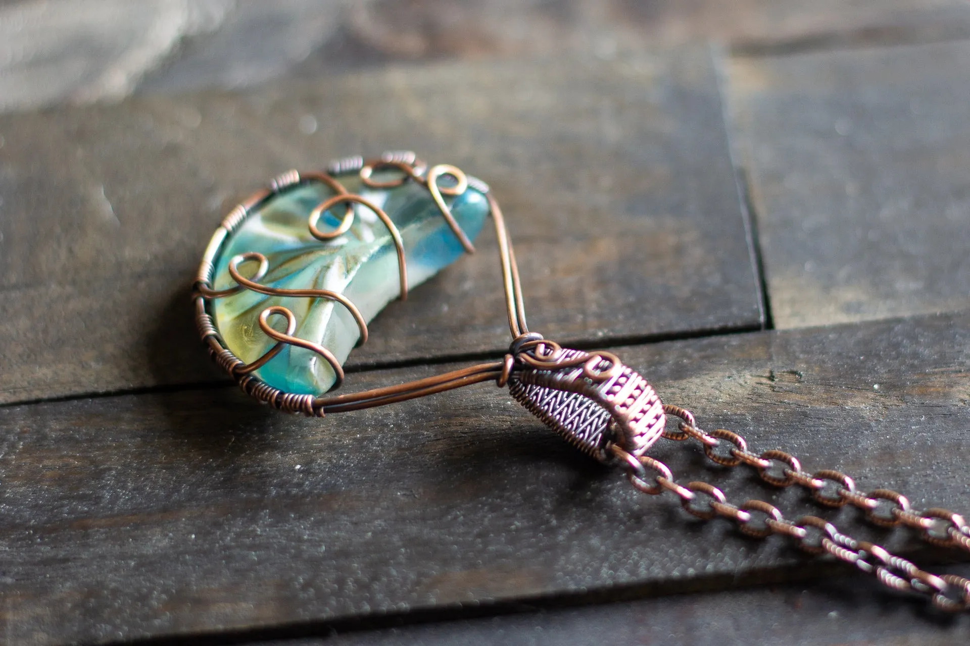 Streaked Blue and White Fused Glass and Copper Wire Pendant