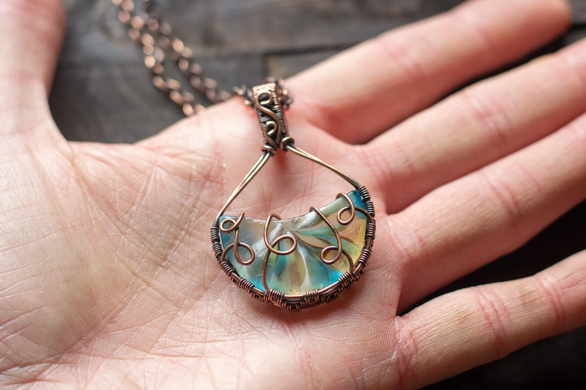 Streaked Blue and White Fused Glass and Copper Wire Pendant