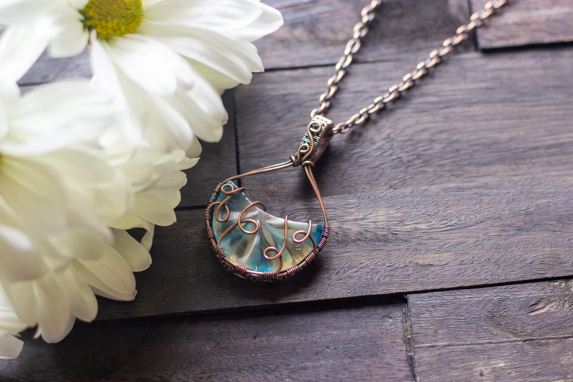 Streaked Blue and White Fused Glass and Copper Wire Pendant