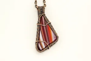 Streaked Red and White Fused Glass Pendant with Copper Wire Wrapping
