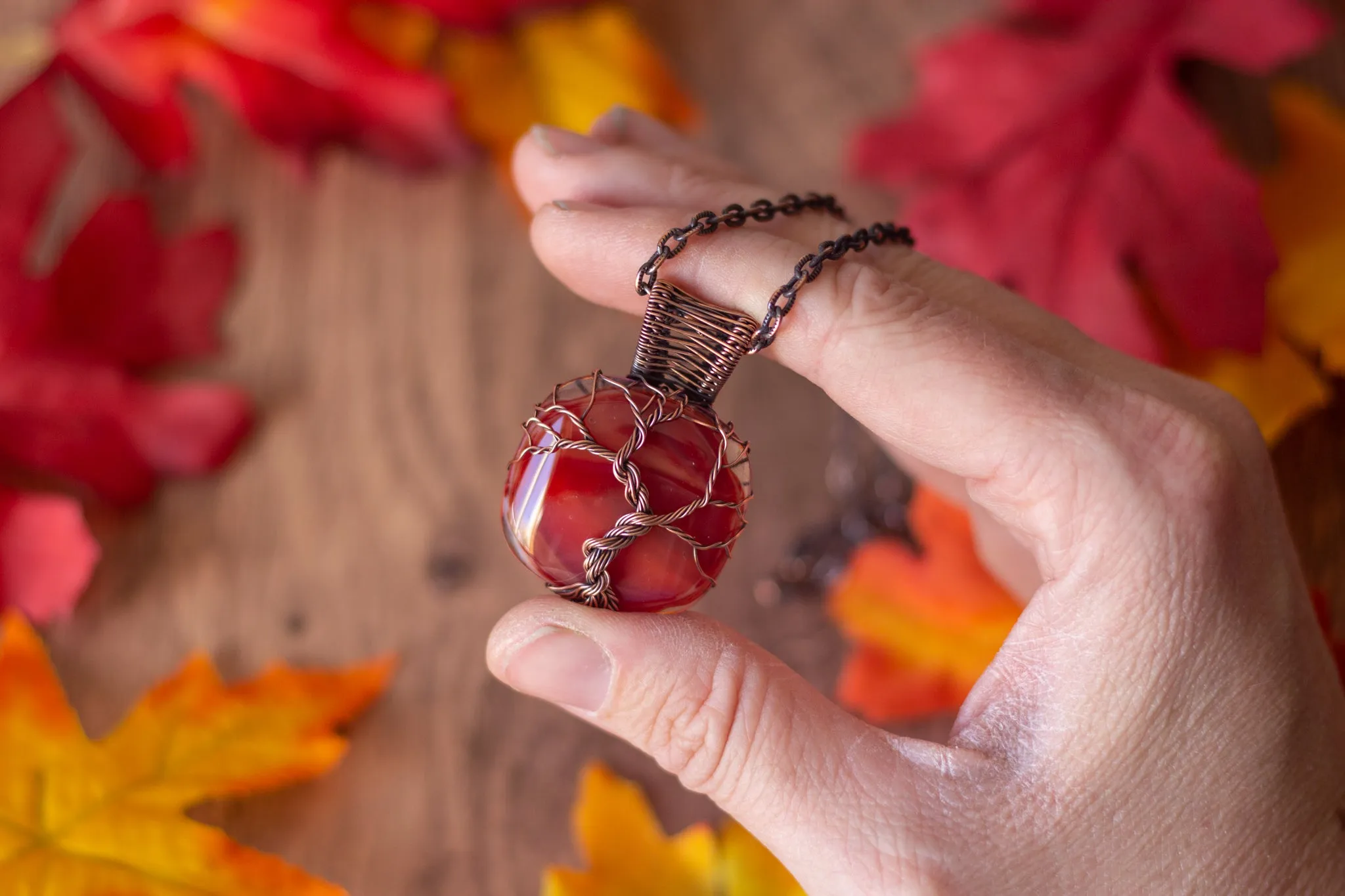 Streaked Red Fused Glass Pendant with Copper Tree of Life
