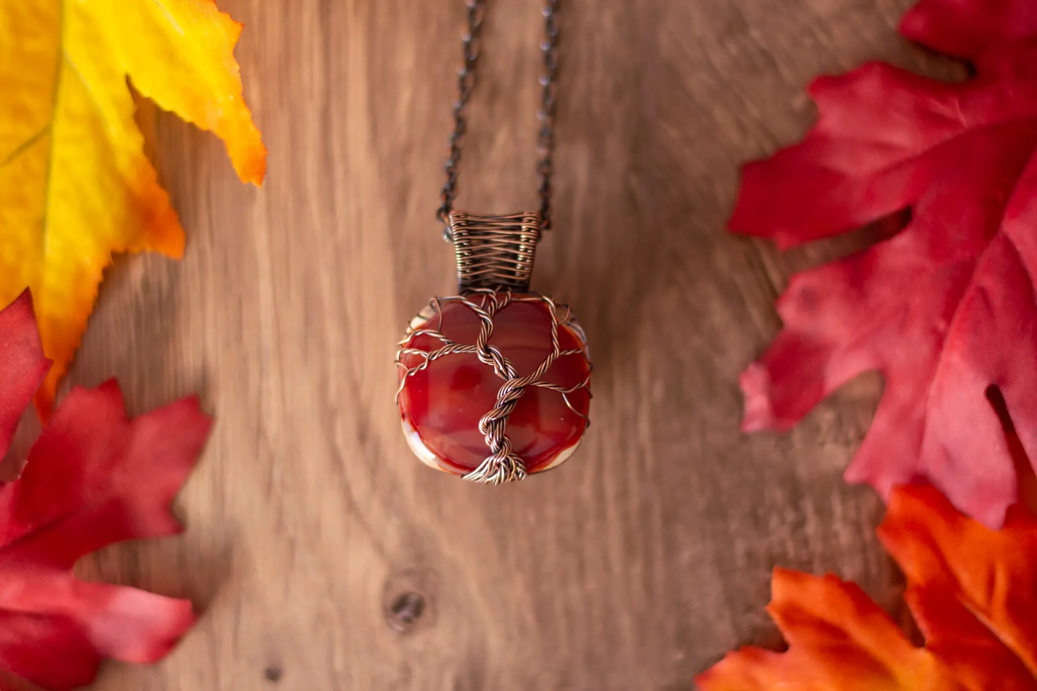 Streaked Red Fused Glass Pendant with Copper Tree of Life