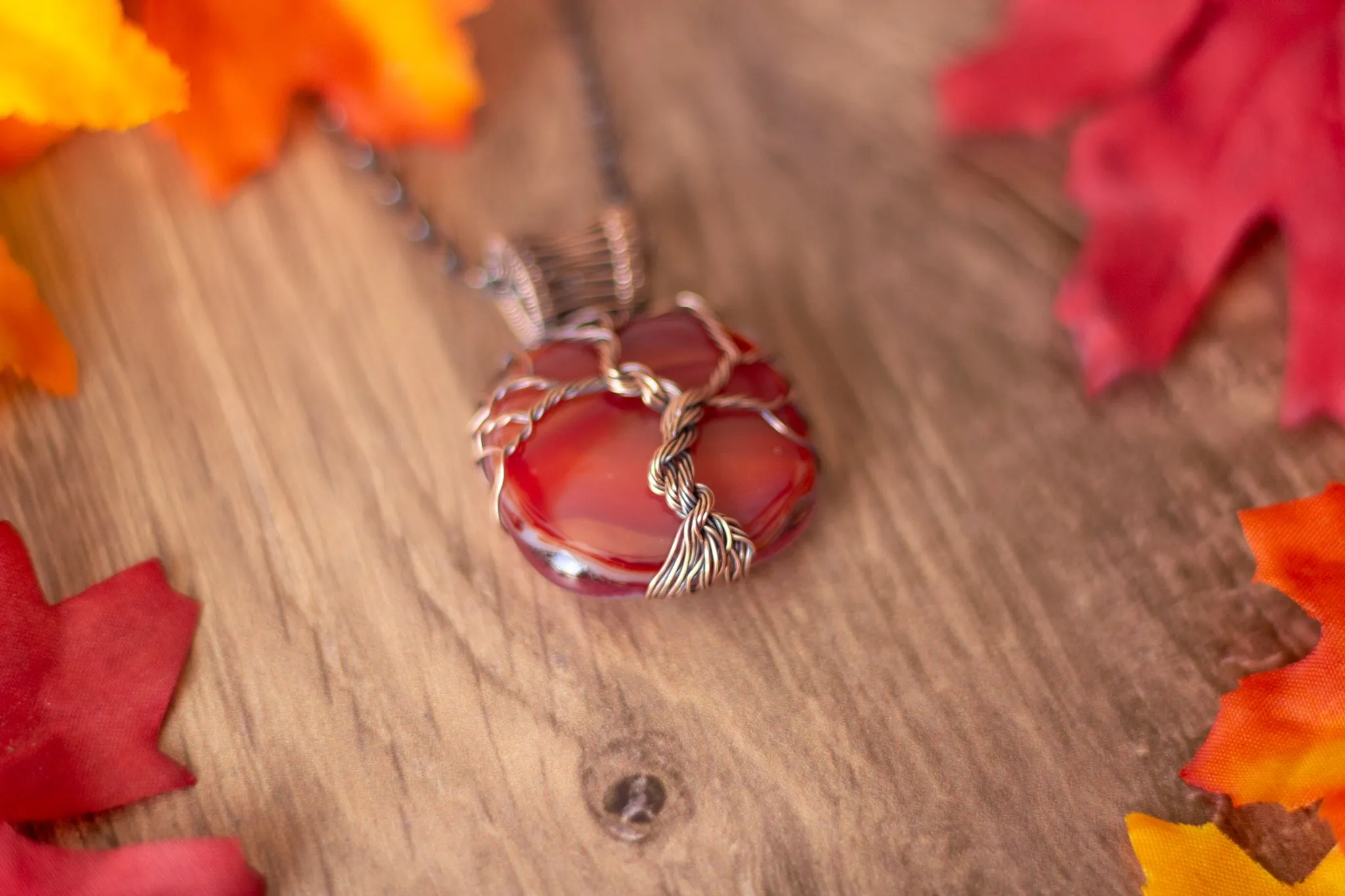 Streaked Red Fused Glass Pendant with Copper Tree of Life