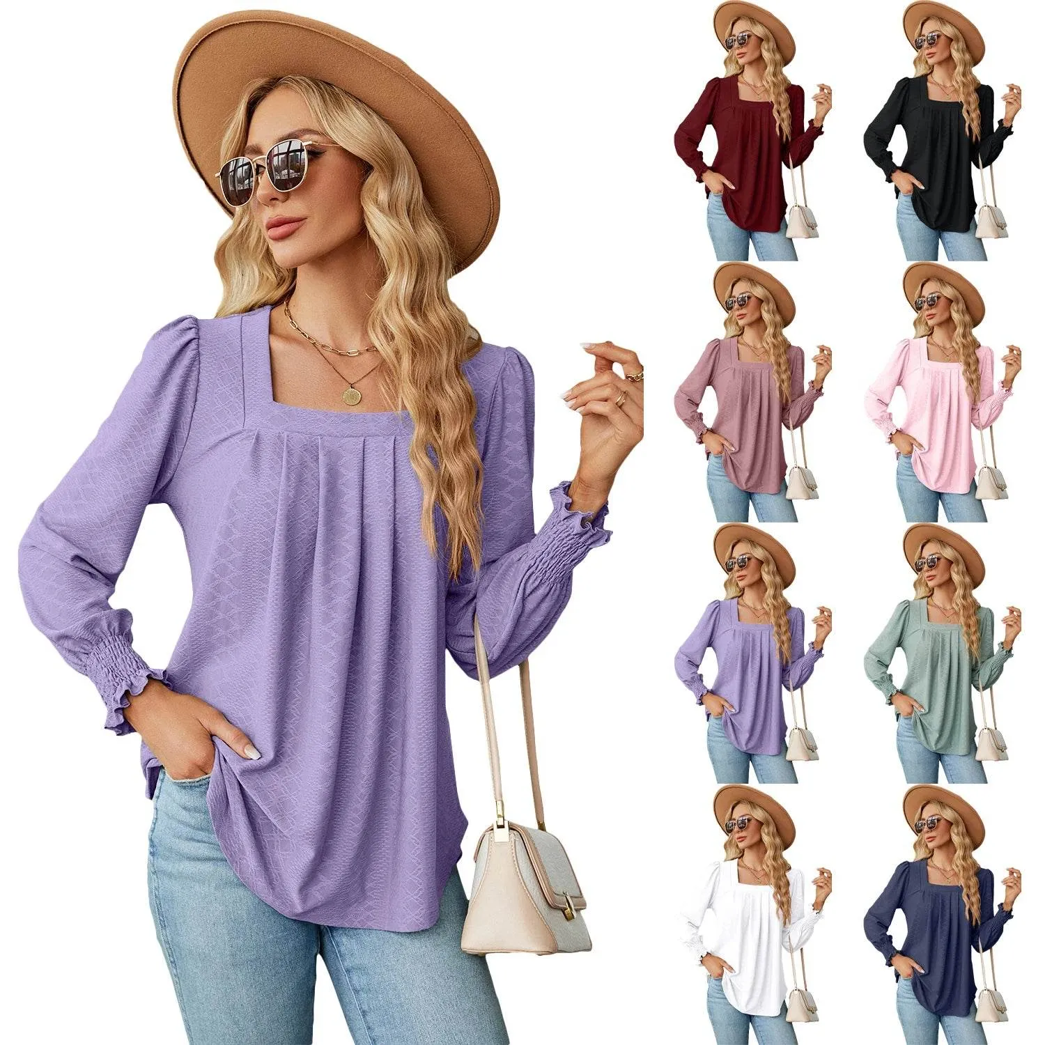Stylish Long Sleeve Square Neck White Green Red Tops Chiffon Women's Autumn
