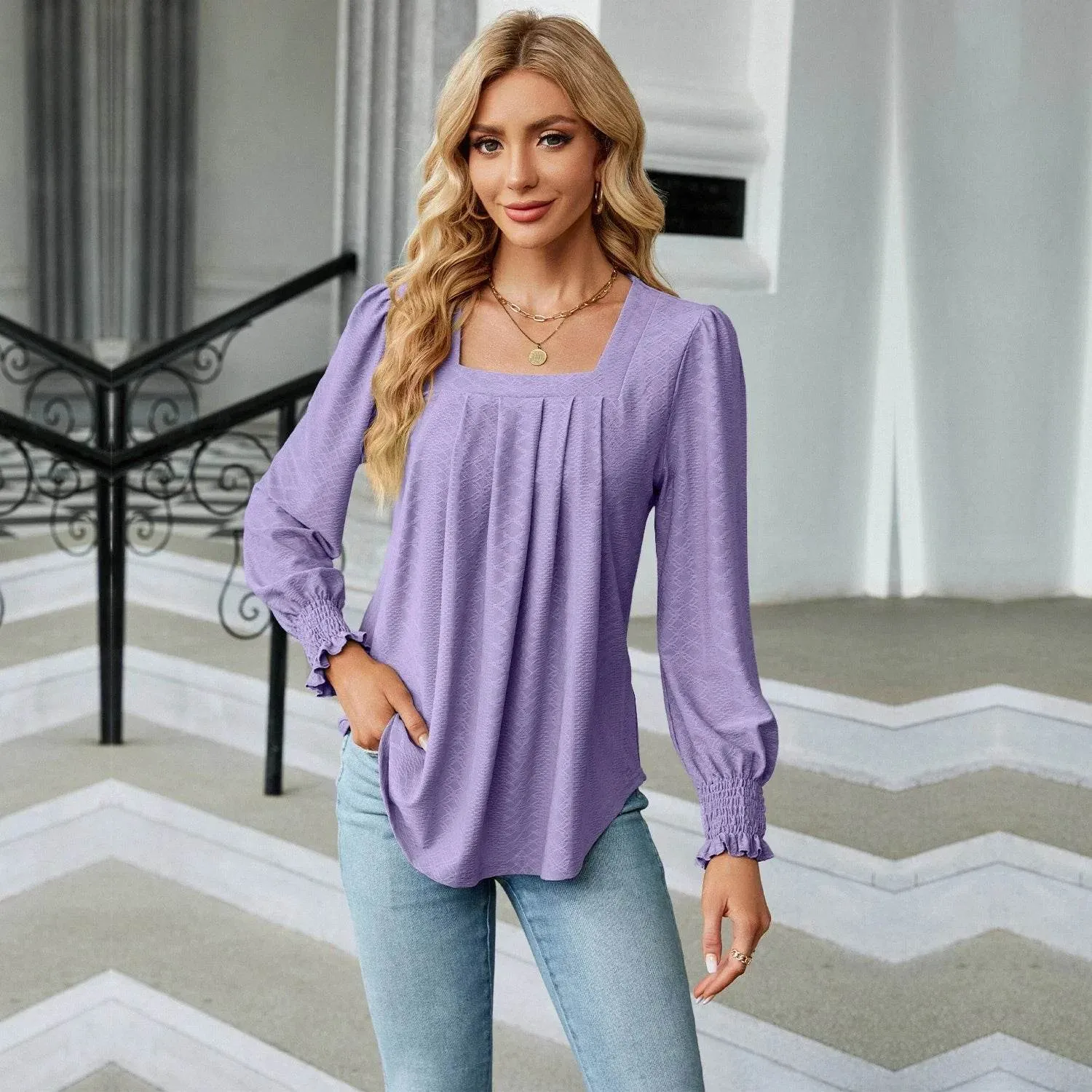 Stylish Long Sleeve Square Neck White Green Red Tops Chiffon Women's Autumn