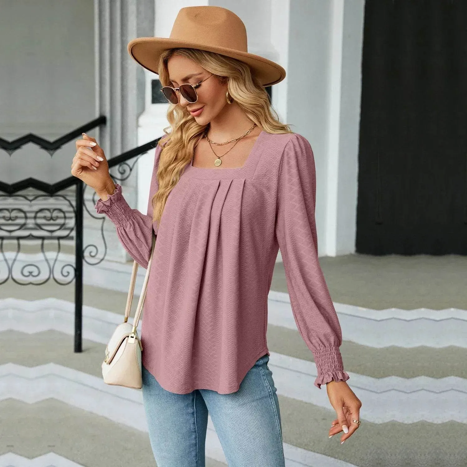 Stylish Long Sleeve Square Neck White Green Red Tops Chiffon Women's Autumn