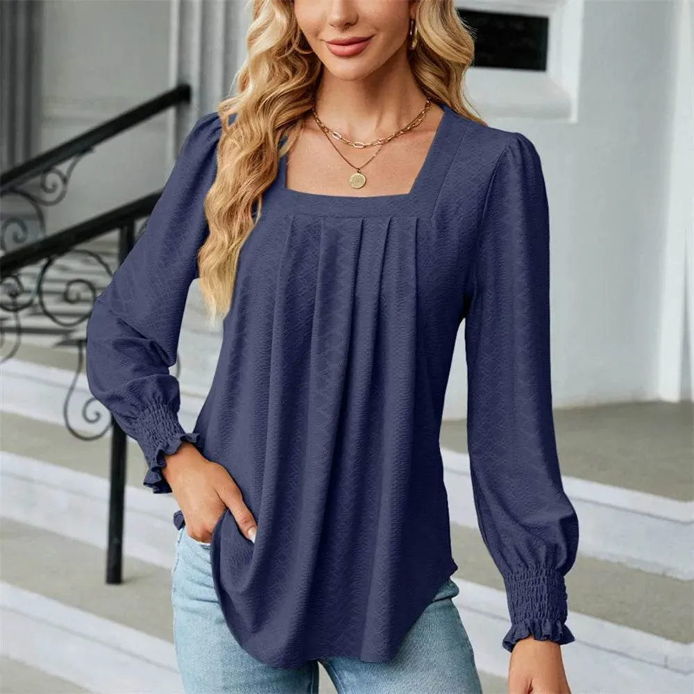 Stylish Long Sleeve Square Neck White Green Red Tops Chiffon Women's Autumn
