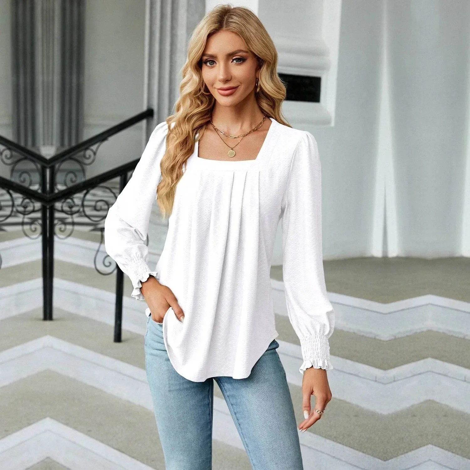 Stylish Long Sleeve Square Neck White Green Red Tops Chiffon Women's Autumn