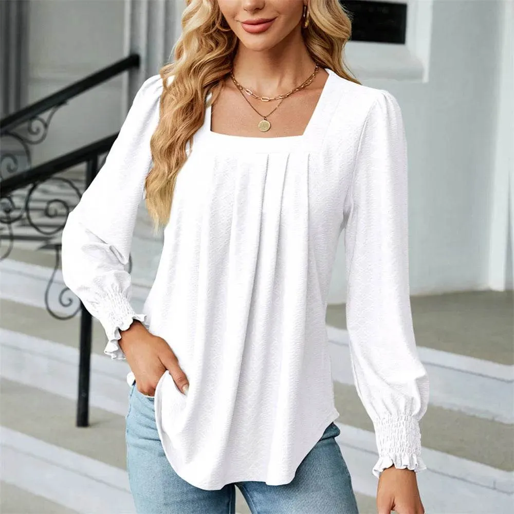 Stylish Long Sleeve Square Neck White Green Red Tops Chiffon Women's Autumn