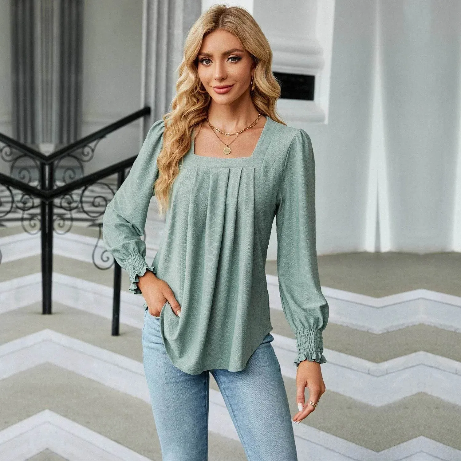 Stylish Long Sleeve Square Neck White Green Red Tops Chiffon Women's Autumn