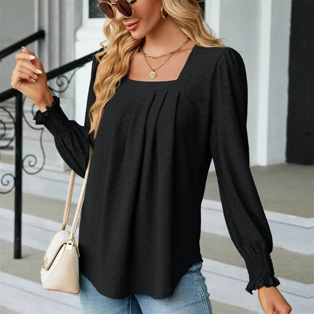 Stylish Long Sleeve Square Neck White Green Red Tops Chiffon Women's Autumn