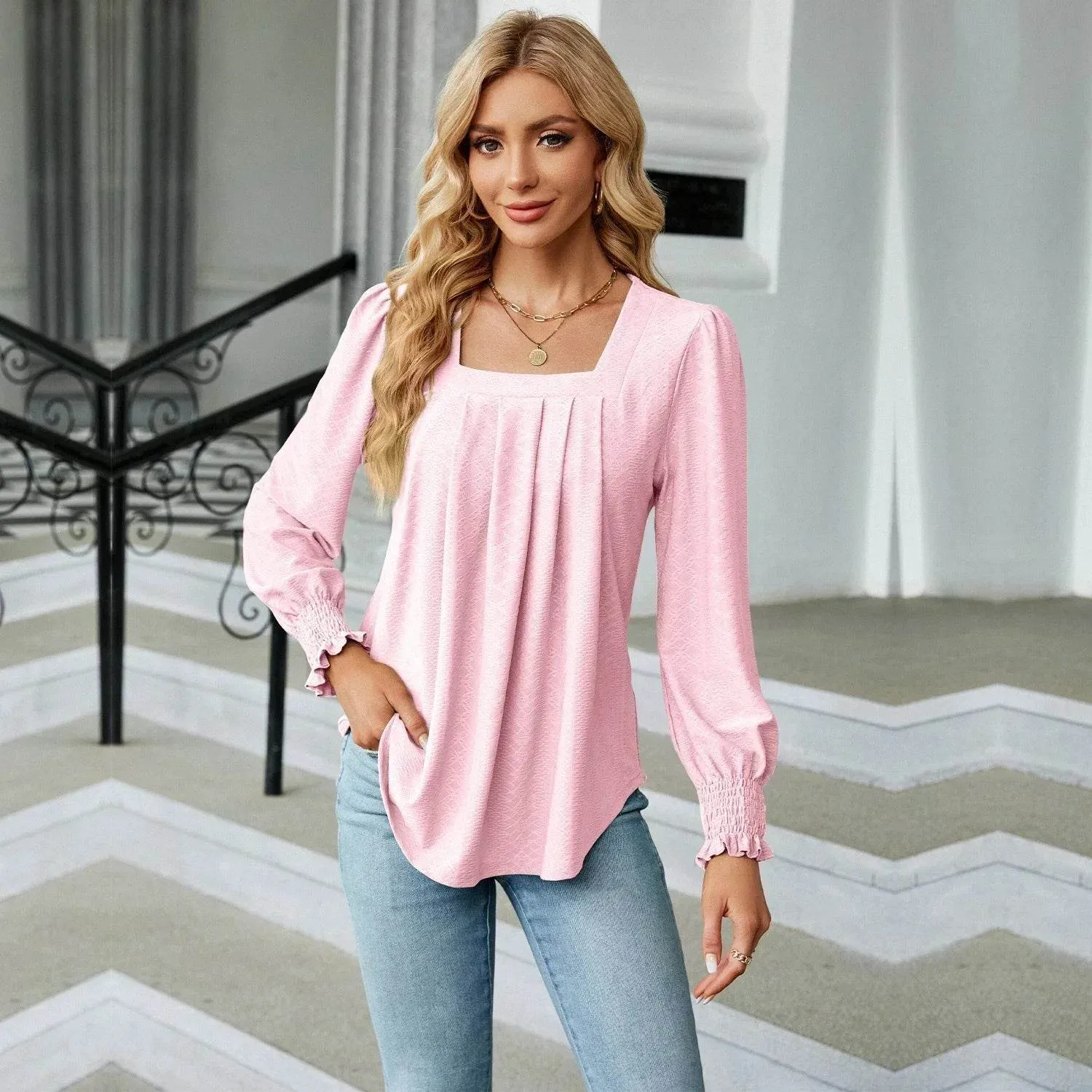 Stylish Long Sleeve Square Neck White Green Red Tops Chiffon Women's Autumn