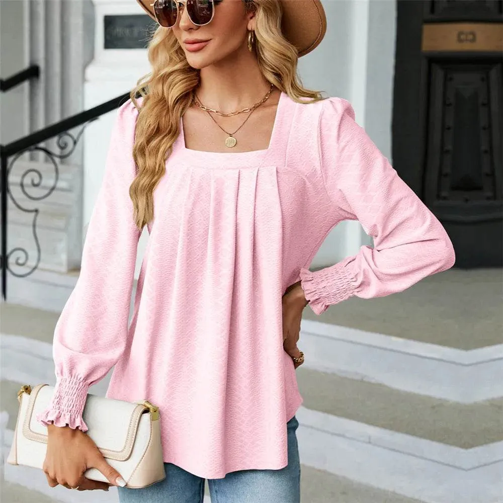 Stylish Long Sleeve Square Neck White Green Red Tops Chiffon Women's Autumn