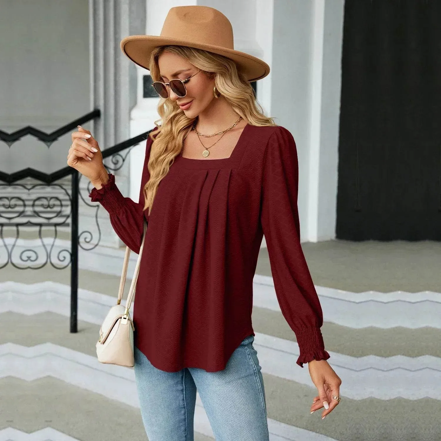 Stylish Long Sleeve Square Neck White Green Red Tops Chiffon Women's Autumn