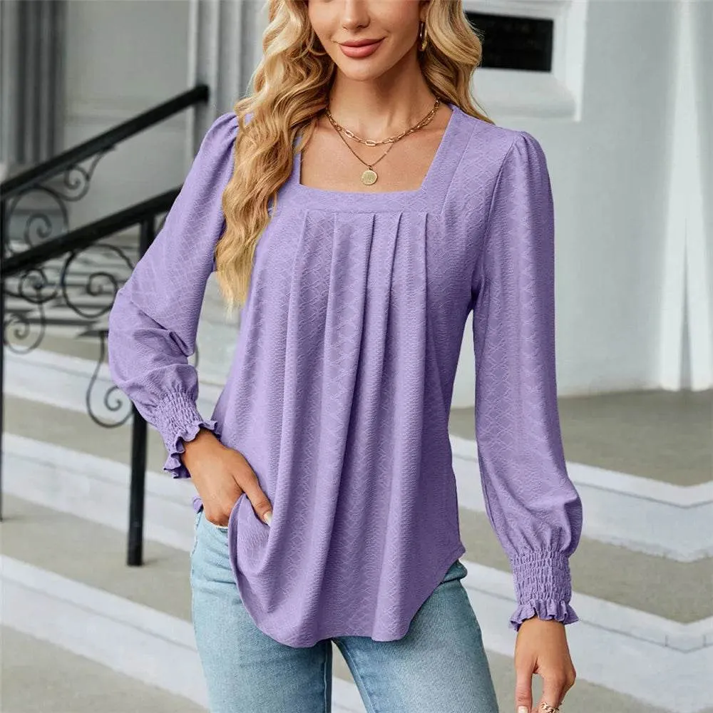 Stylish Long Sleeve Square Neck White Green Red Tops Chiffon Women's Autumn