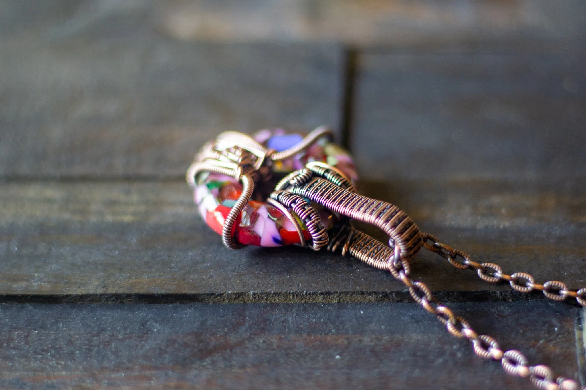 Summer Confetti Fused Glass Ring and Copper Wire Pendant