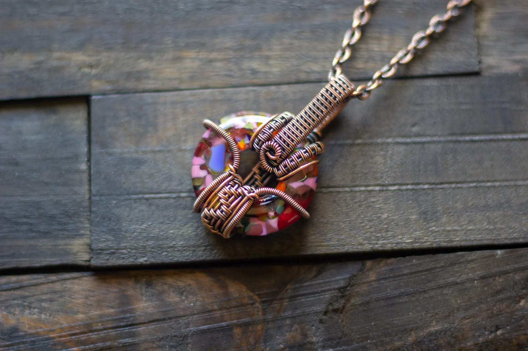 Summer Confetti Fused Glass Ring and Copper Wire Pendant