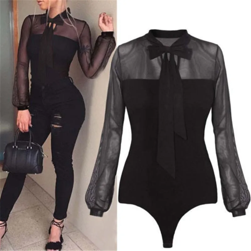 Summer  Patchwork Long Sleeve Bodysuit Transparent Tops