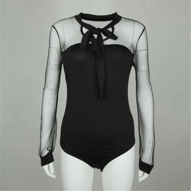 Summer  Patchwork Long Sleeve Bodysuit Transparent Tops