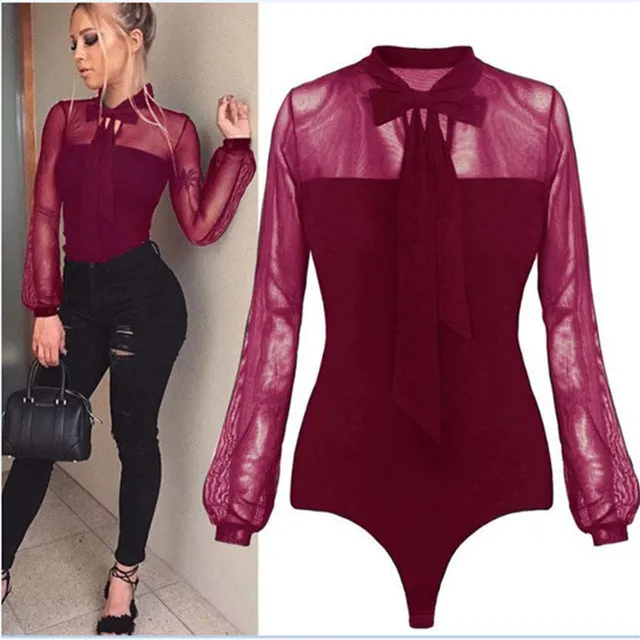 Summer  Patchwork Long Sleeve Bodysuit Transparent Tops