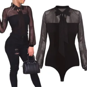 Summer  Patchwork Long Sleeve Bodysuit Transparent Tops
