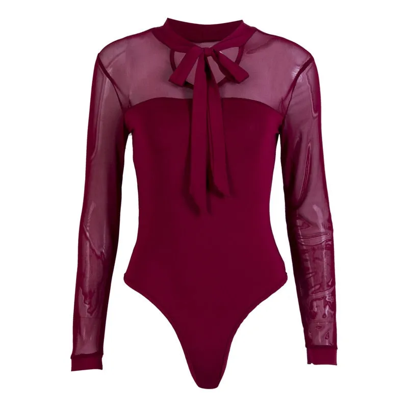 Summer  Patchwork Long Sleeve Bodysuit Transparent Tops