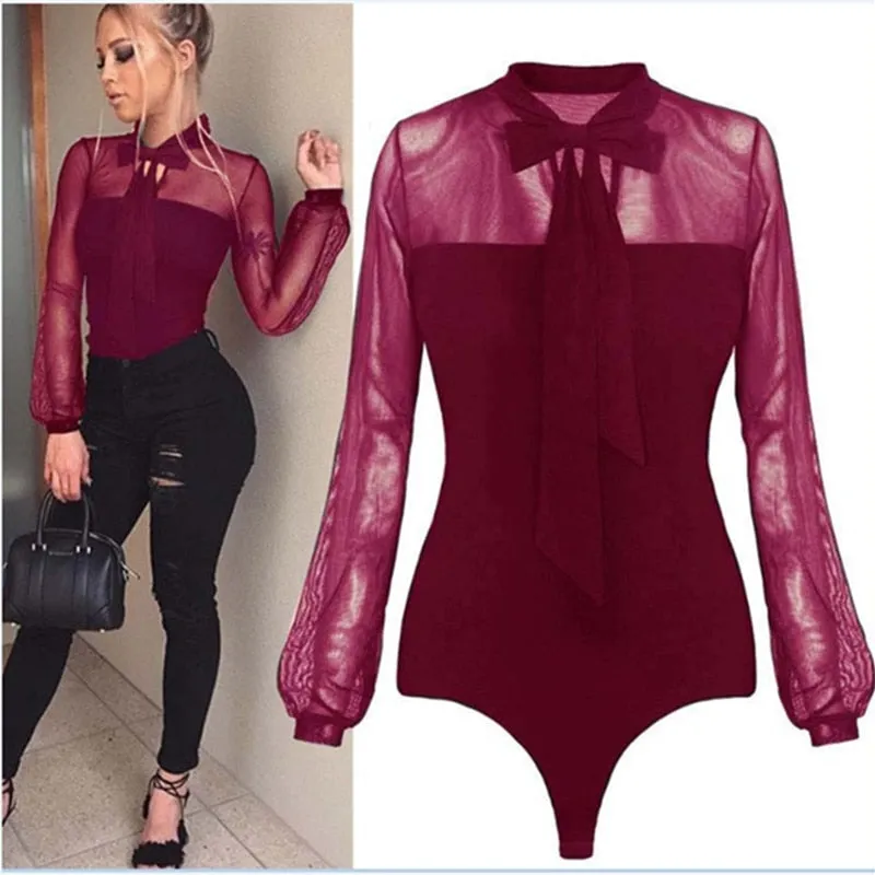 Summer  Patchwork Long Sleeve Bodysuit Transparent Tops