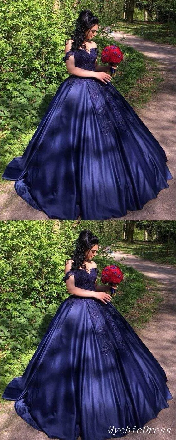 Sweetheart Navy Blue Lace Prom Dresses Ball Gown off Shoulder Quinceanera Dress
