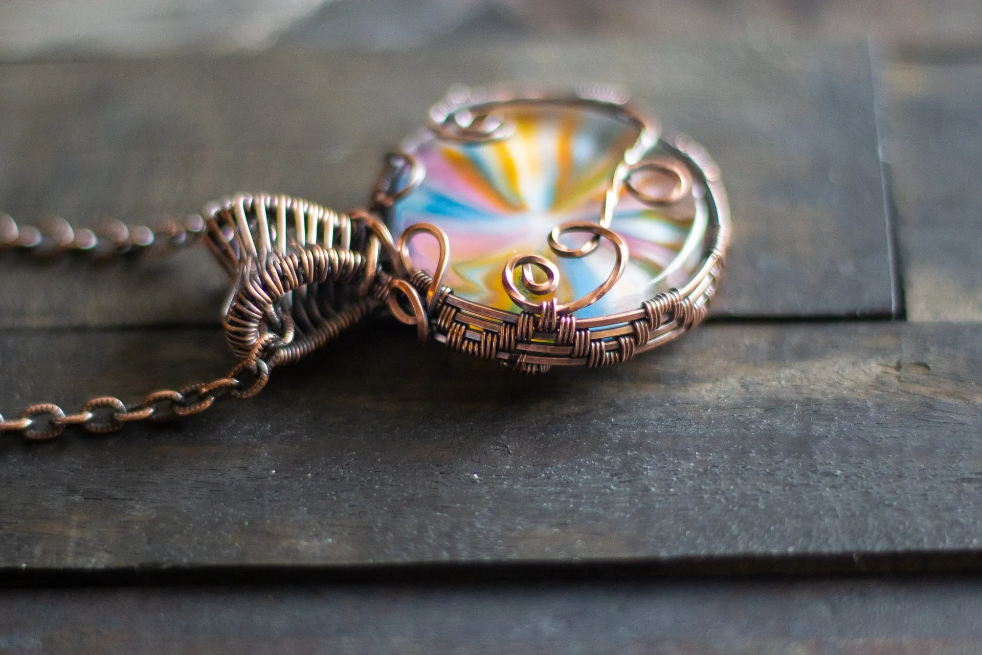 Swirl of Sunrise Fused Glass and Copper Wire Pendant