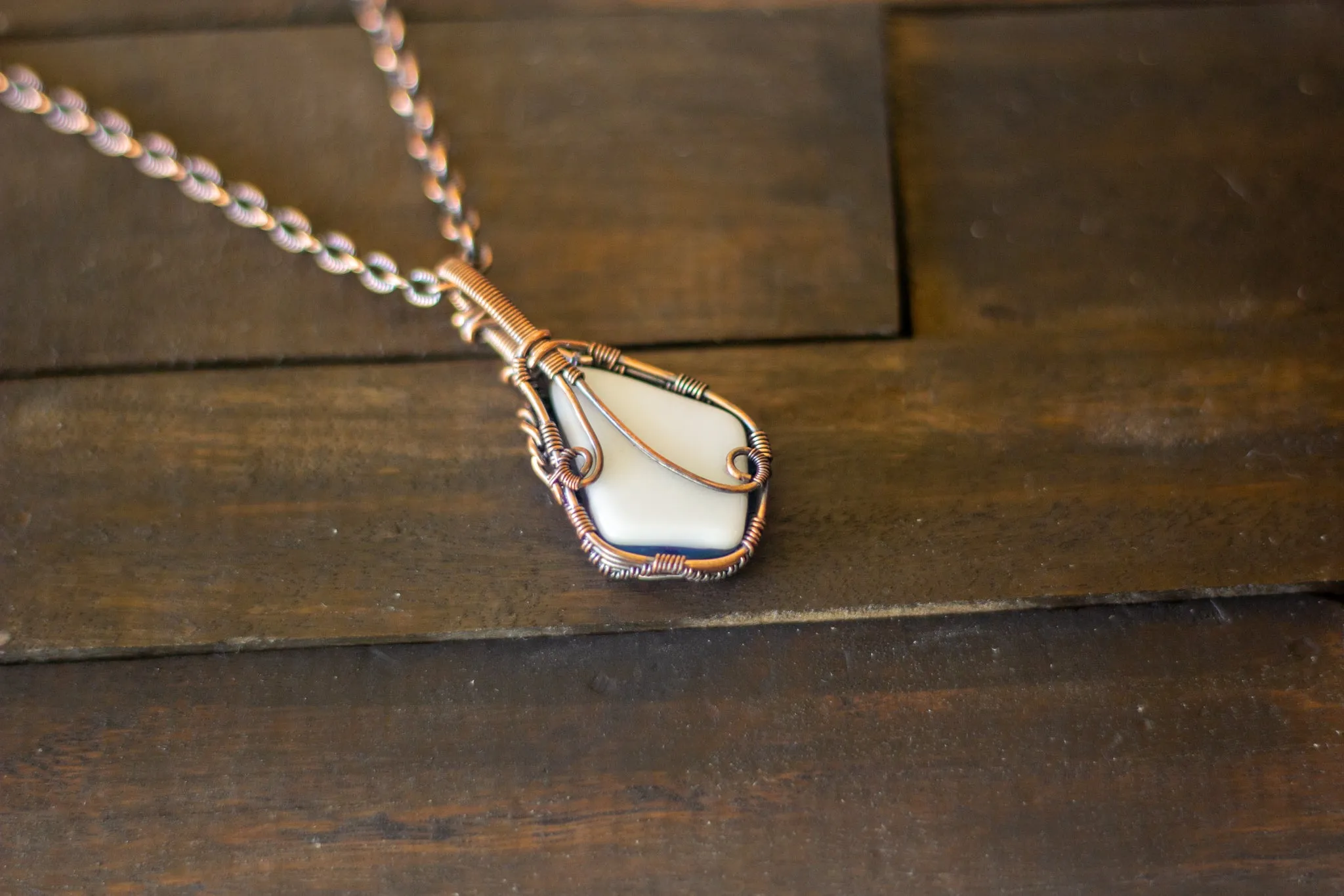 Swirled Blue and Green Fused Glass and Copper Wire Teardrop Pendant