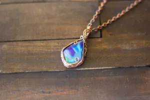 Swirled Blue and Green Fused Glass and Copper Wire Teardrop Pendant