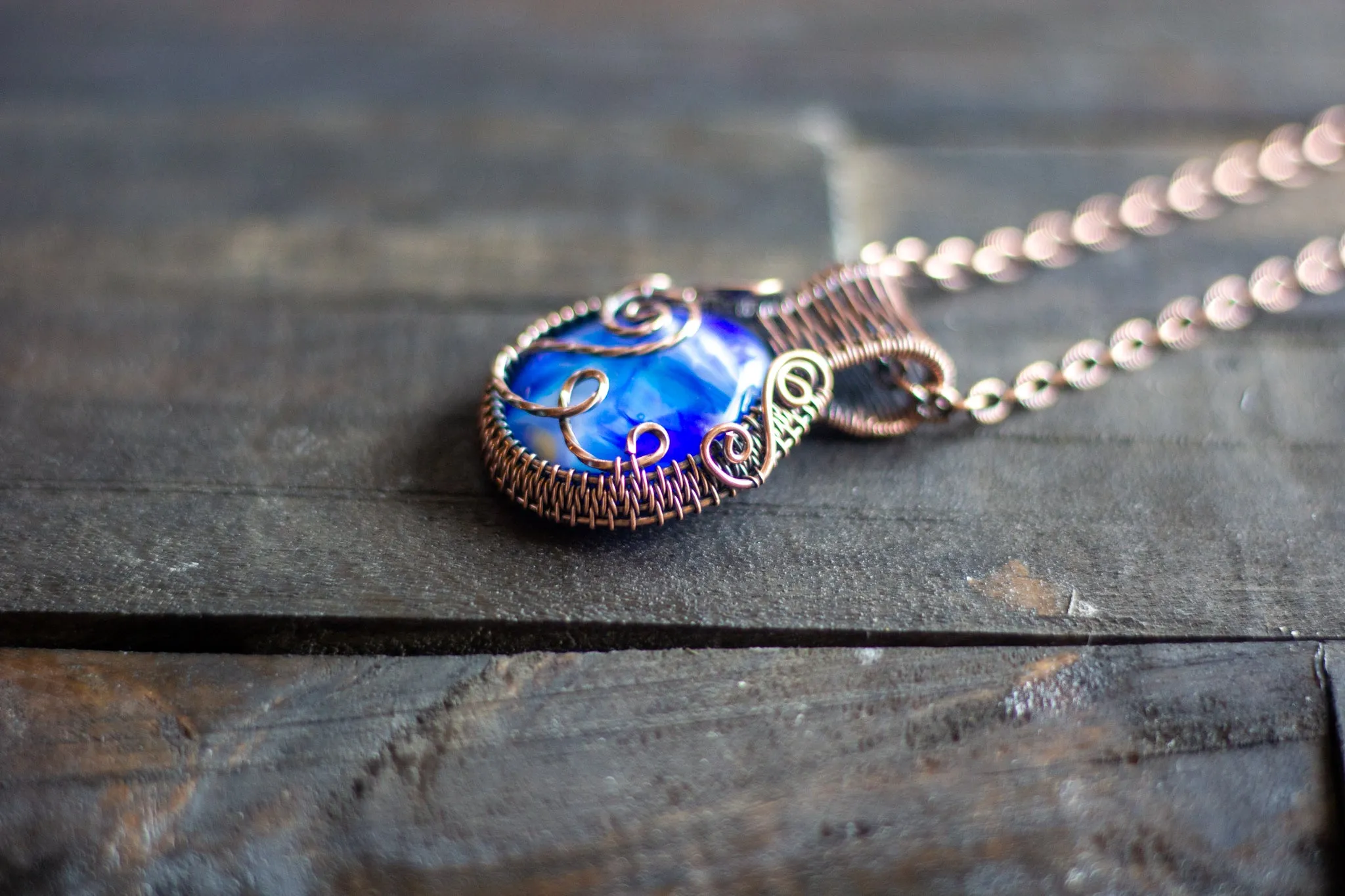 Swirls of Blue Fused Glass and Copper Wire Pendant