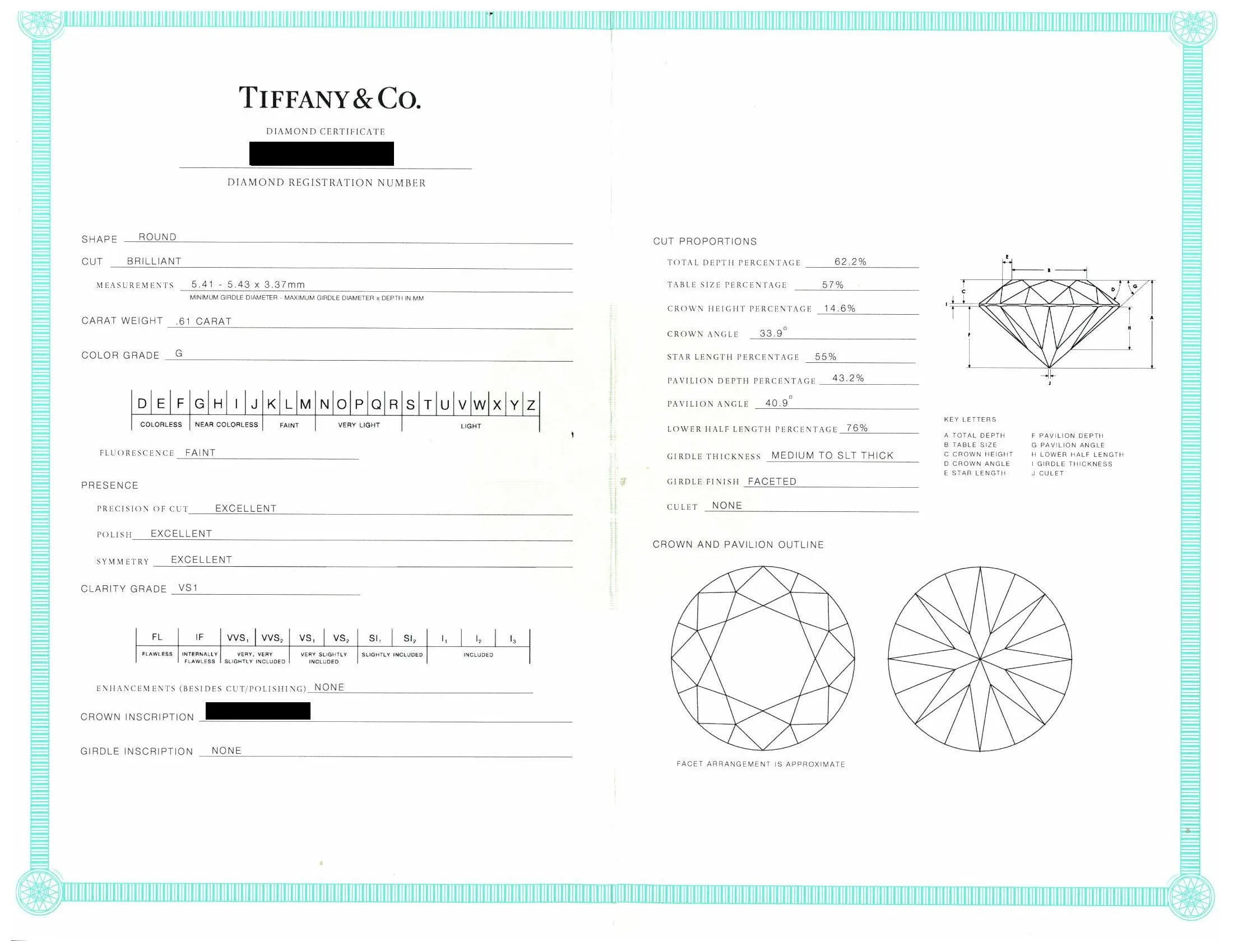 Tiffany & Co. Platinum Harmony Diamond Engagement Ring 0.61 cts. Round  G VS1