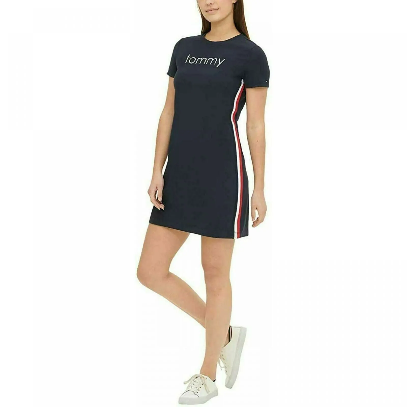 Tommy Hilfiger Women's Embroidered Logo Side Stripe T-Shirt Dress Navy Large