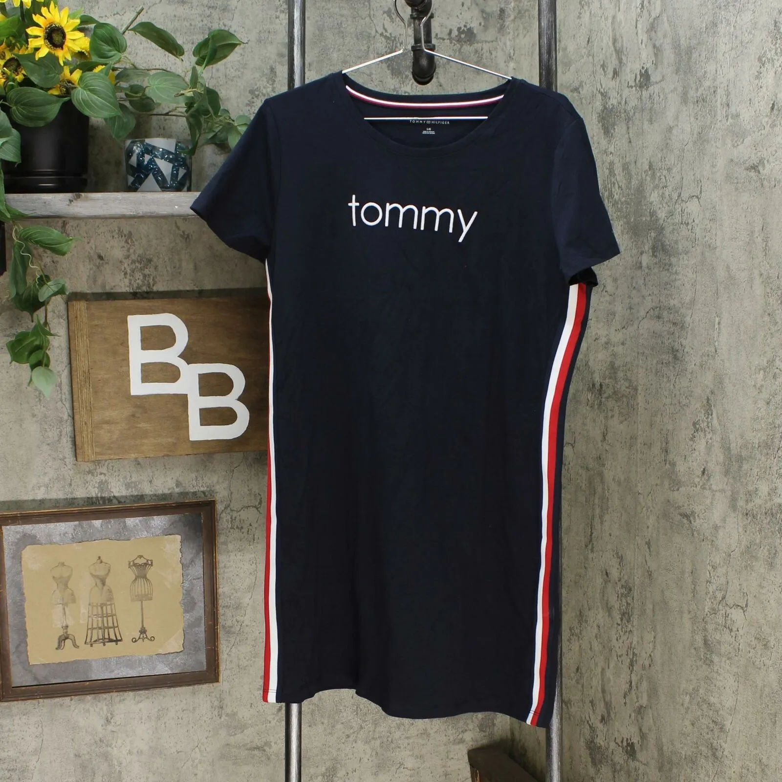 Tommy Hilfiger Women's Embroidered Logo Side Stripe T-Shirt Dress Navy Large