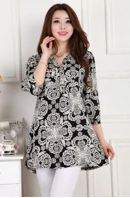 tops long shirt plus size women's fluid print casual loose 3/4 sleeve shirts female blouse 4XL