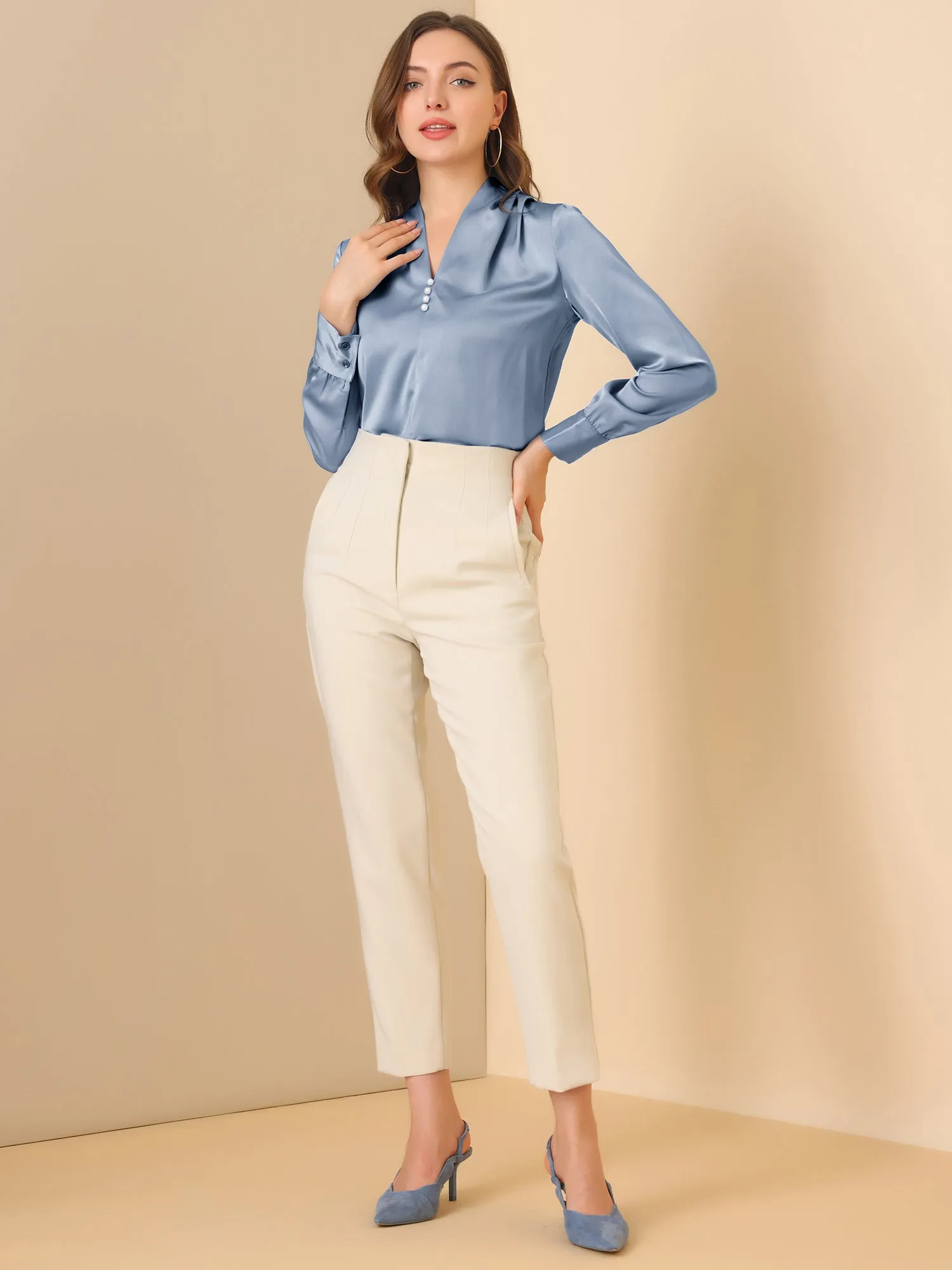 V Neck Decor Beaded Long Sleeve Office Pleated Satin Blouse Top