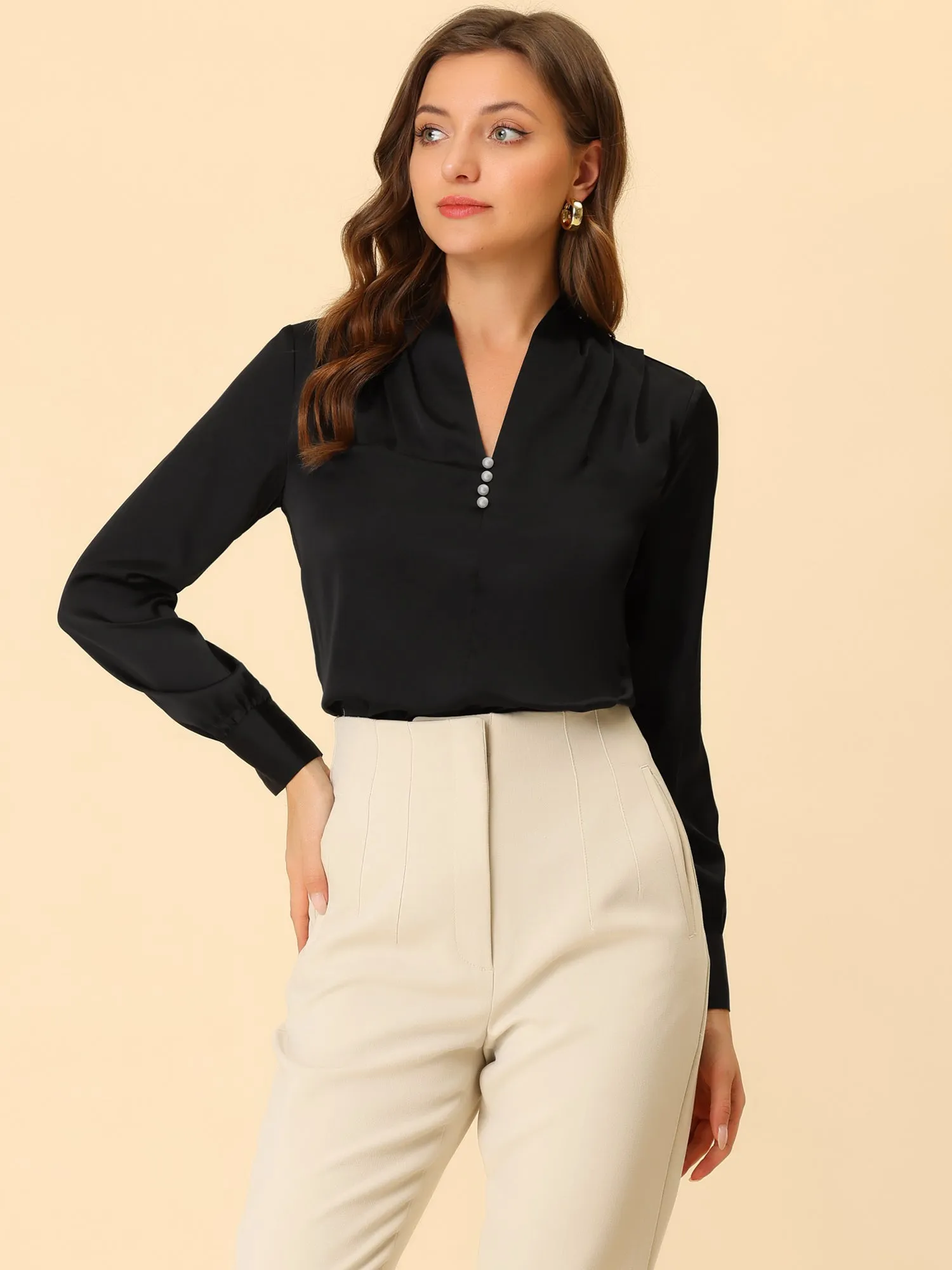 V Neck Decor Beaded Long Sleeve Office Pleated Satin Blouse Top
