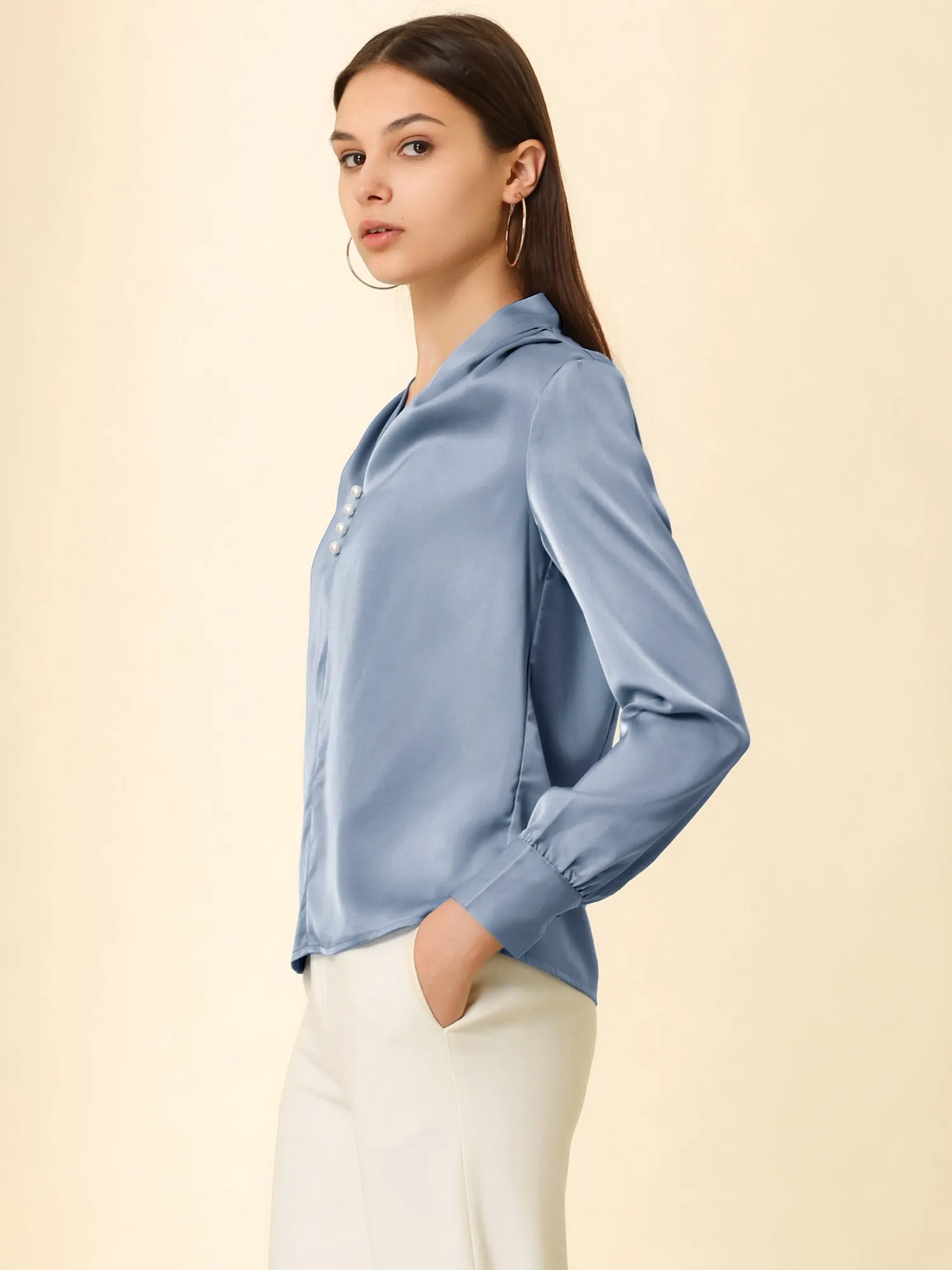 V Neck Decor Beaded Long Sleeve Office Pleated Satin Blouse Top