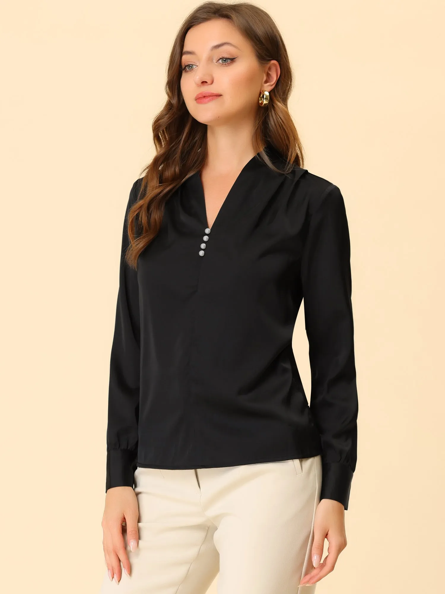 V Neck Decor Beaded Long Sleeve Office Pleated Satin Blouse Top
