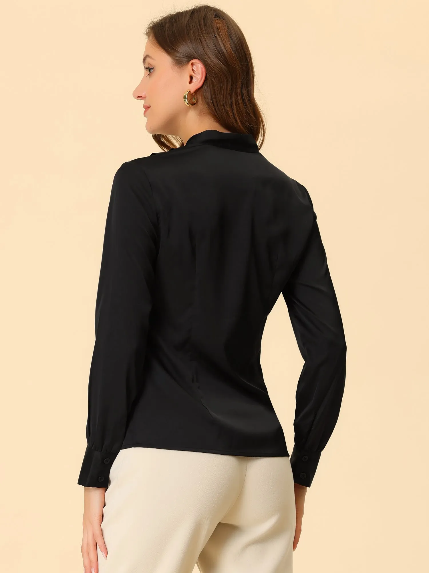 V Neck Decor Beaded Long Sleeve Office Pleated Satin Blouse Top
