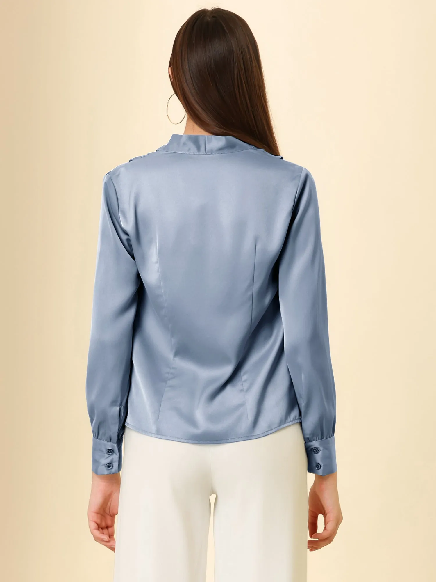 V Neck Decor Beaded Long Sleeve Office Pleated Satin Blouse Top